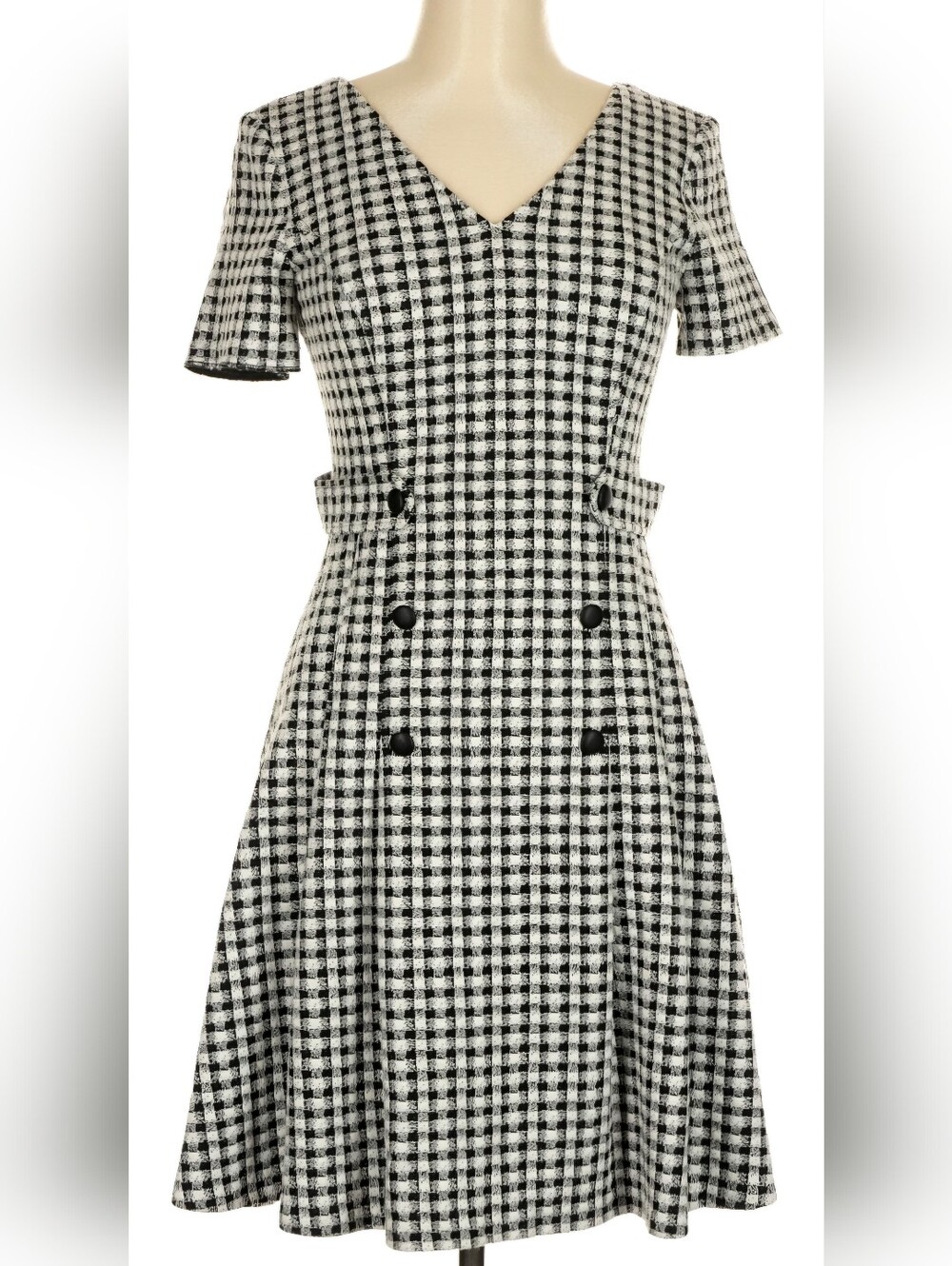 DKNY Gingham Plaid Fit & Flare A-Line Dress Black White V-Neck Size 8 - Picture 1 of 9